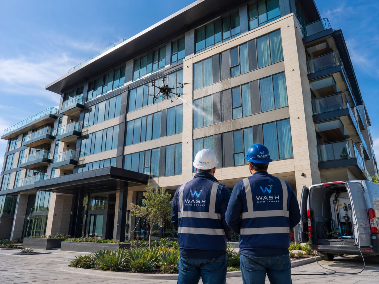 Drone cleaning condo facade