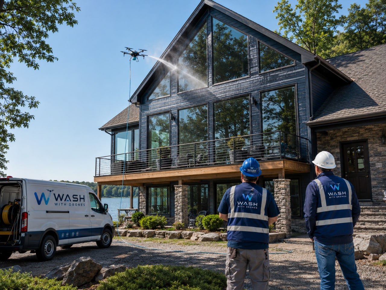 Drone cleaning crew preparing commercial exterior work
