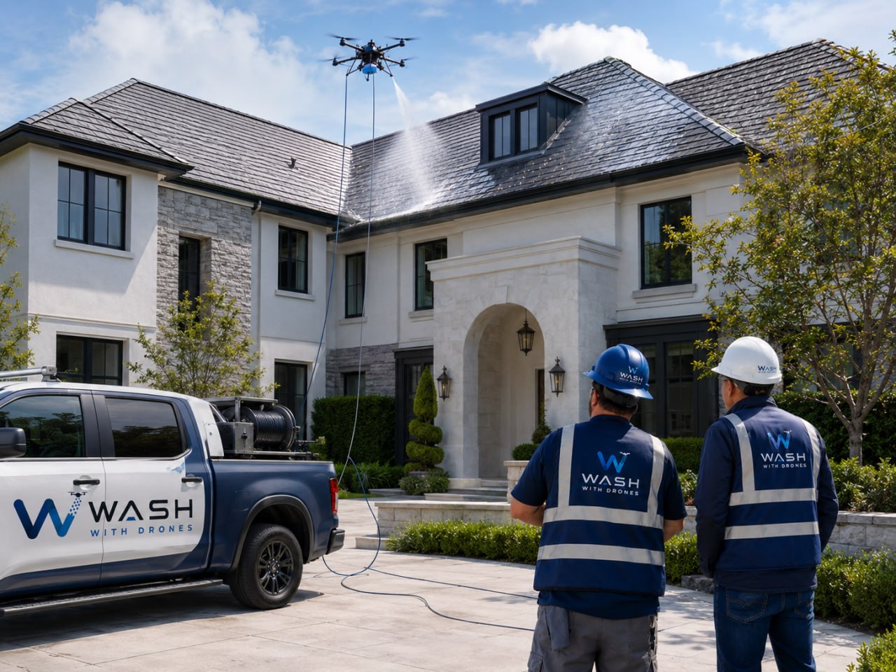 Drone spraying and cleaning a commercial building facade